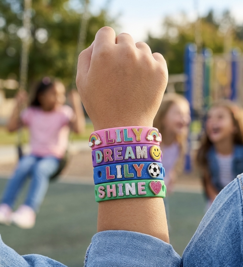 Girl holding Stori Band spelling MIA