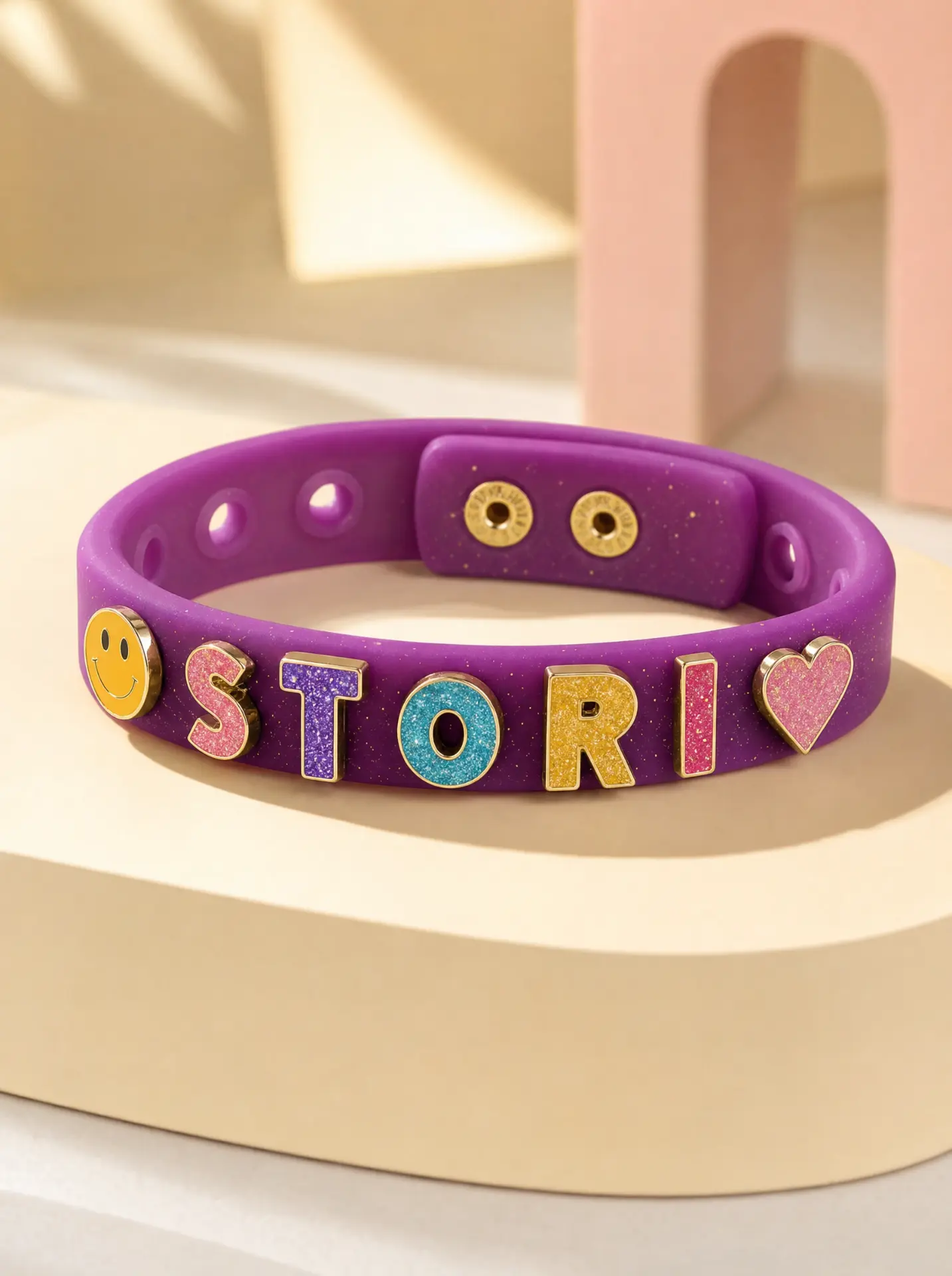 Purple Stori band with gold-framed glitter STORI letters and charms